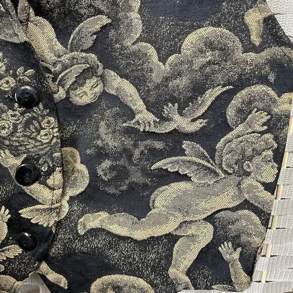 Facets by Mirrors Vintage Tapestry Vest Women M Black Cherubs Angels Satin Back - Picture 3 of 7